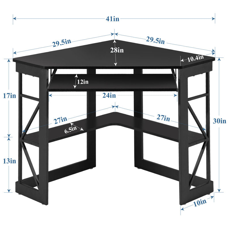 Lambrecht Corner Desk with Storage Shelves, Triangle Computer Desk with Keyboard Tray & Bookshelves for Small Space, 90 Degrees Space Saving Writing Desk Laptop PC Table for Home Office, Living Room, Bedroom