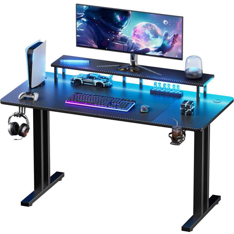 Luxury Arts Grell Gaming Desk With LED Lights, 47" Home Office Gamer Desk, Ergonomic Computer Table With Large Carbon Fiber Surface Desktop, Office Workstation With Mouse Pad, Cup Holder & Headphone Hook