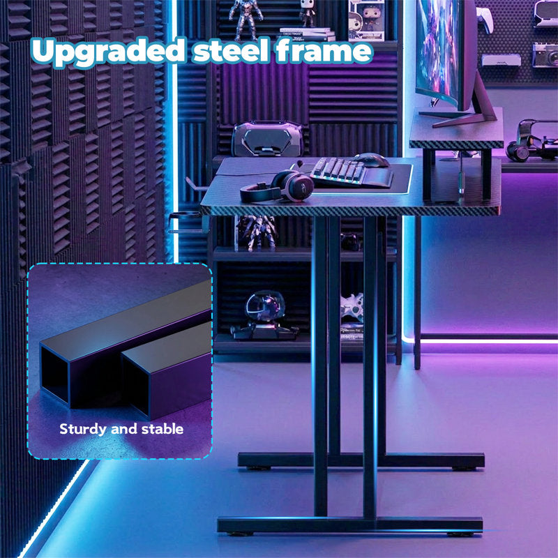 Luxury Arts Grell Gaming Desk With LED Lights, 47" Home Office Gamer Desk, Ergonomic Computer Table With Large Carbon Fiber Surface Desktop, Office Workstation With Mouse Pad, Cup Holder & Headphone Hook