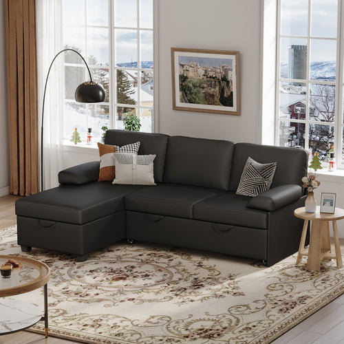 80" L-Shaped Sleeper Sectional Sofa with Pull-Out Bed and Storage Chaise, for Living Room Office