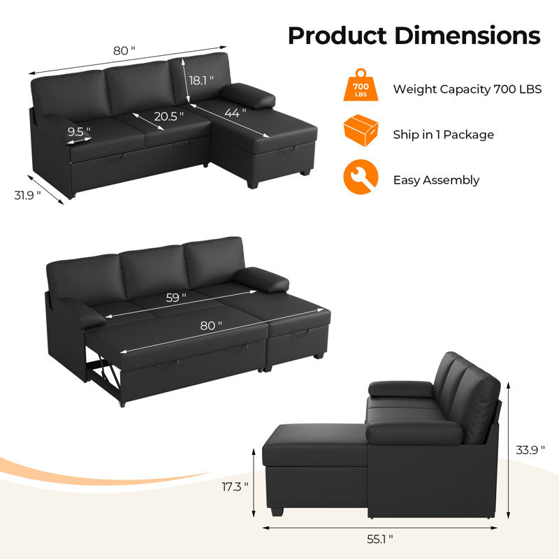 80" L-Shaped Sleeper Sectional Sofa with Pull-Out Bed and Storage Chaise, for Living Room Office