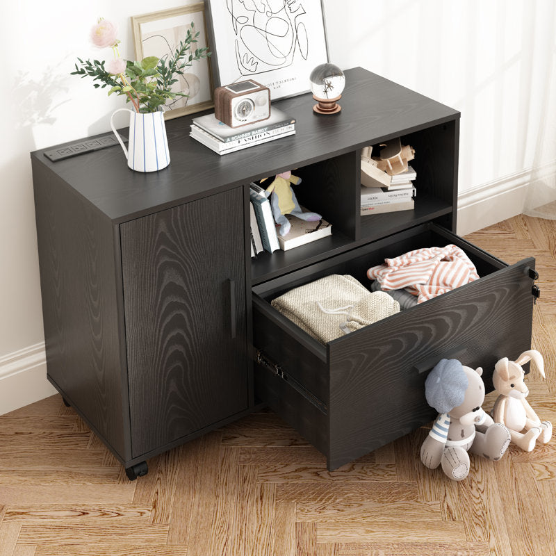 Cambrie 36.6'' Wide Mobile Wood File Cabinet with Shelves and Charging Station, Locking