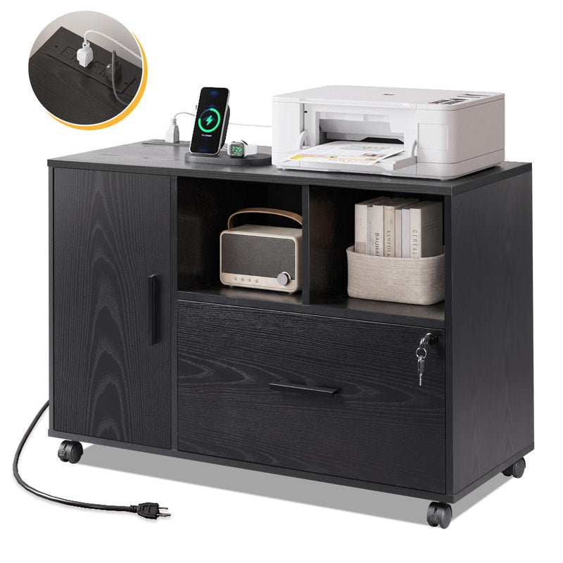 Cambrie 36.6'' Wide Mobile Wood File Cabinet with Shelves and Charging Station, Locking