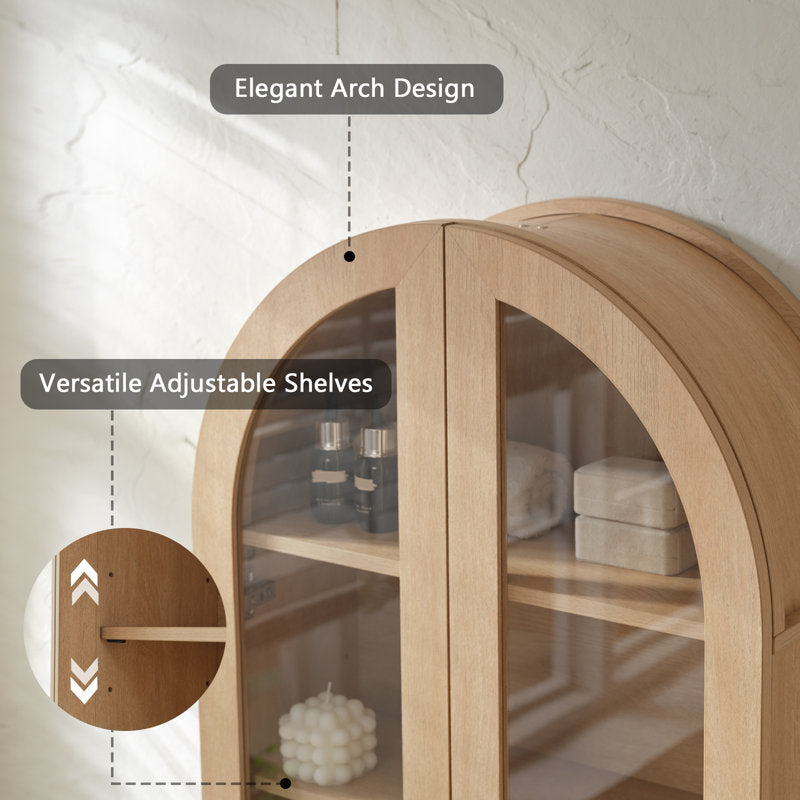 Modern Arched Cabinet Wall Mount with Adjustable Shelf & Glass Doors, Natural Oak
