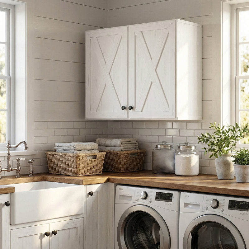 Our farmhouse-style wall storage cabinets with four doors and shelves are made of solid