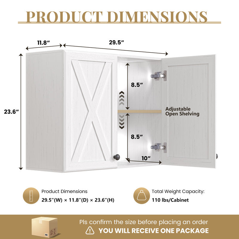 Our farmhouse-style wall storage cabinets with four doors and shelves are made of solid