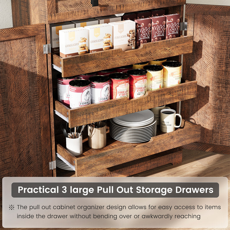 72" Kitchen Pantry Storage Cabinet with 8 Hanging Shelves and 3 Sliding Drawers