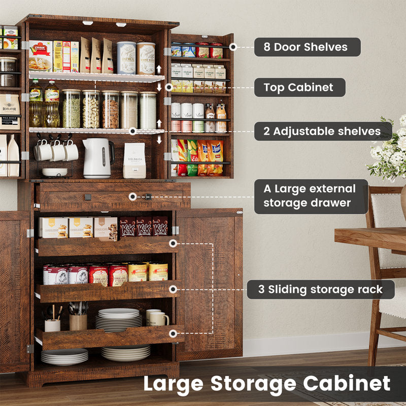 72" Kitchen Pantry Storage Cabinet with 8 Hanging Shelves and 3 Sliding Drawers