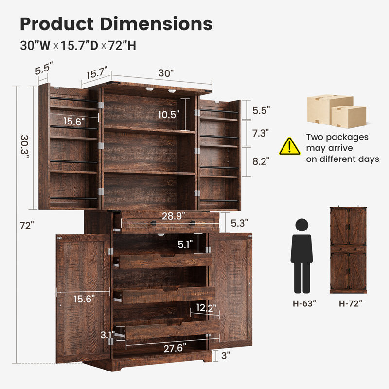 72" Kitchen Pantry Storage Cabinet with 8 Hanging Shelves and 3 Sliding Drawers