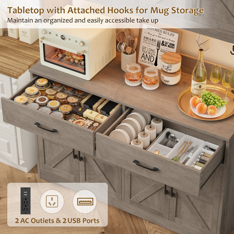 71" Kitchen Pantry With Charging Station, LED Light, Microwave Shelf And Attached Hooks