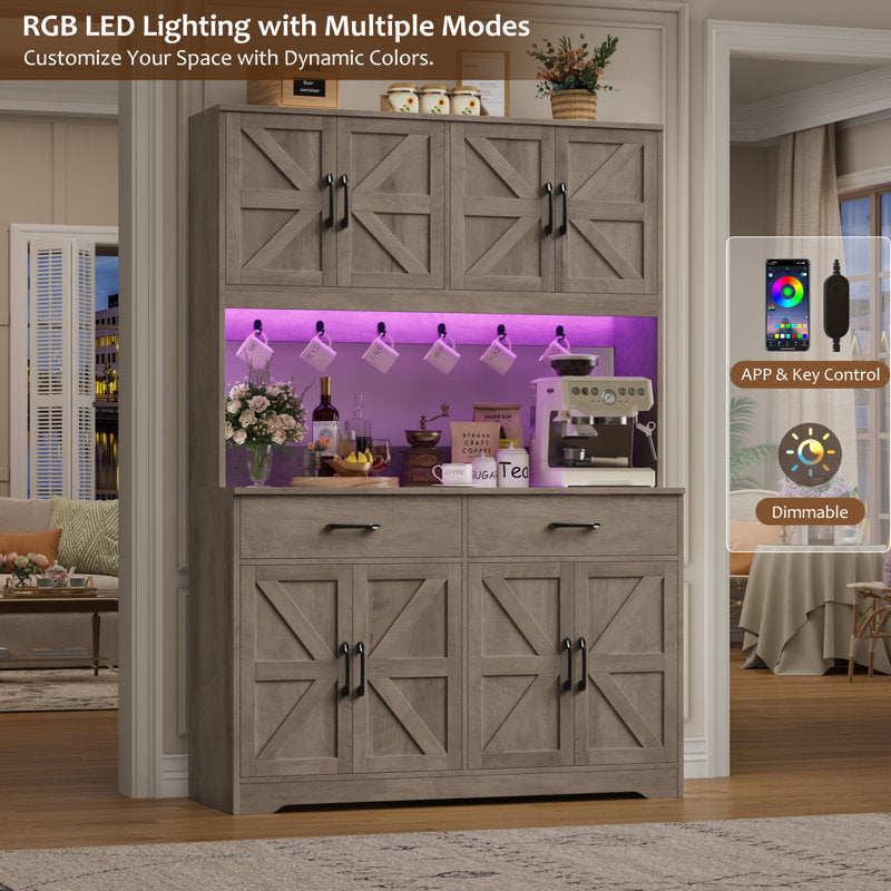 71" Kitchen Pantry With Charging Station, LED Light, Microwave Shelf And Attached Hooks
