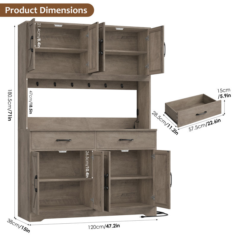 71" Kitchen Pantry With Charging Station, LED Light, Microwave Shelf And Attached Hooks