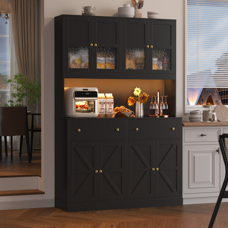 71" Kitchen Pantry with Charging Station, LED Light and Microwave Shelf, Wooden Storage