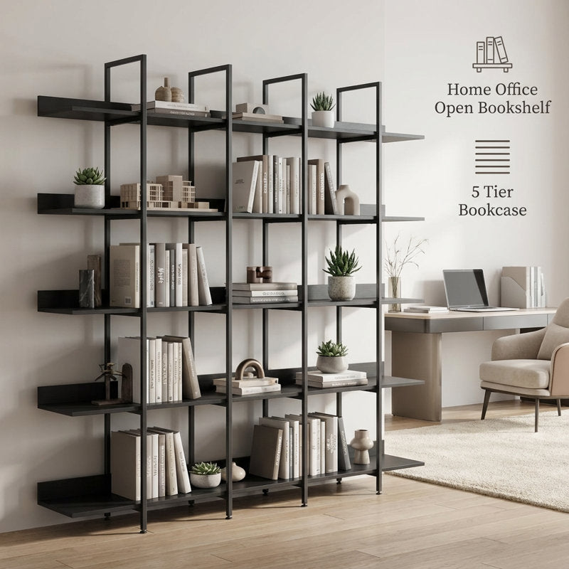 Five-Tier Open Industrial Style Bookcase with Metal Frame and Wood Shelves for Home and