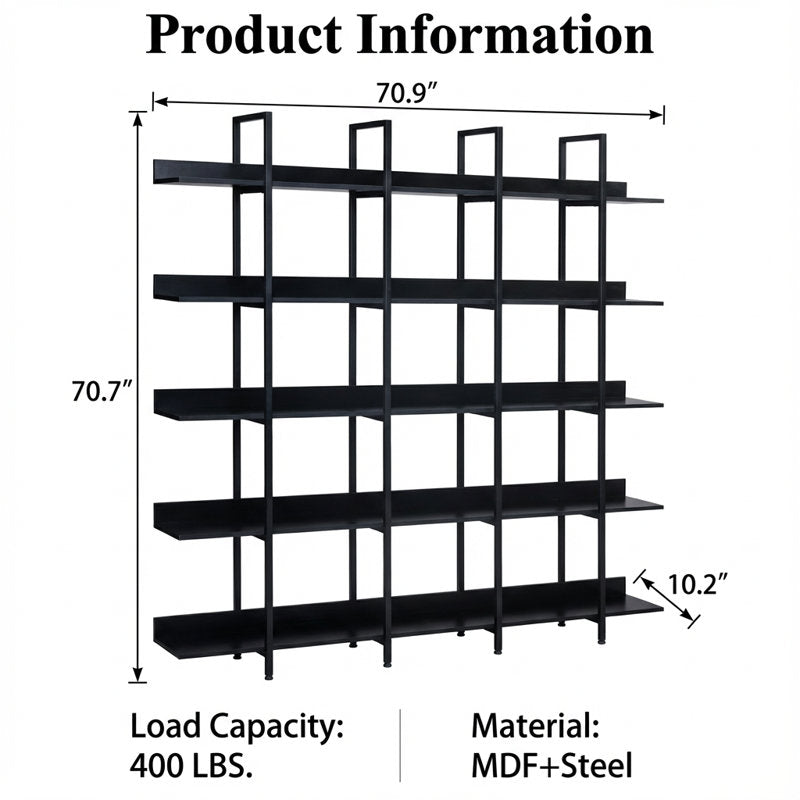 Five-Tier Open Industrial Style Bookcase with Metal Frame and Wood Shelves for Home and