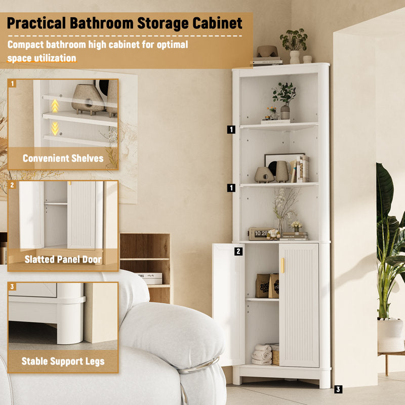 68" Tall Fluted Corner Cabinet For Bathroom, Modern Living Room & Kitchen