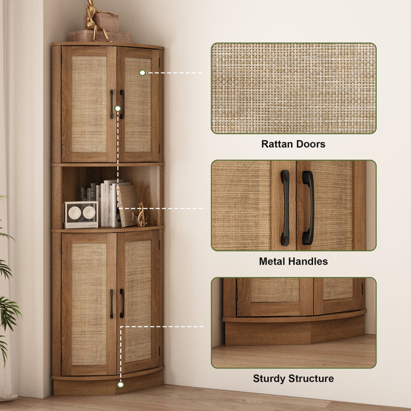 Ciauna 64.7''H Corner Cabinet with Rattan Doors, Natural