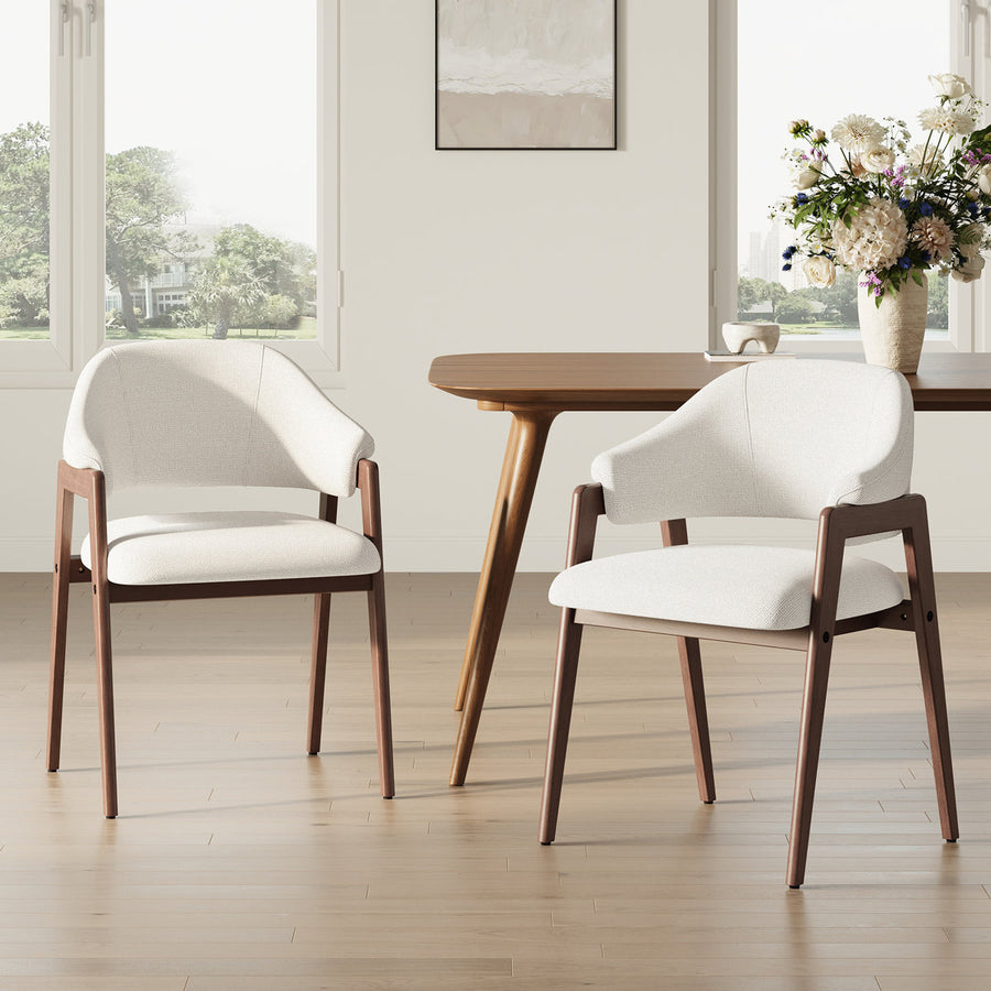Modern Minimalist Upholstered Linen Dining Armchair with Solid Wood Legs