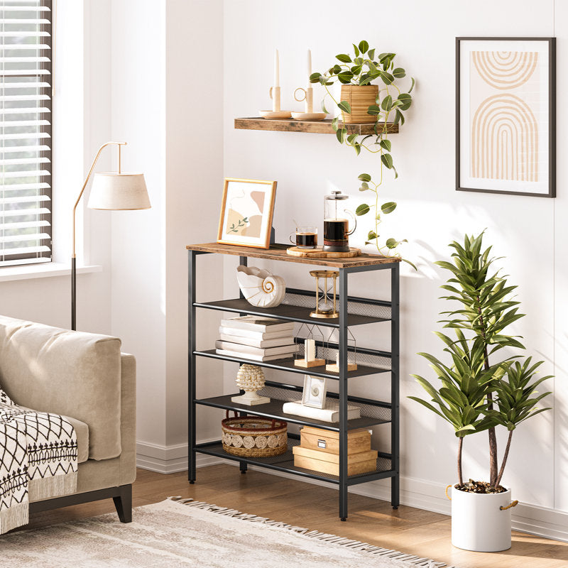 5-Tier Shoe Rack, 25-Pair, 39.4" Wide, with Wood Top Shelf