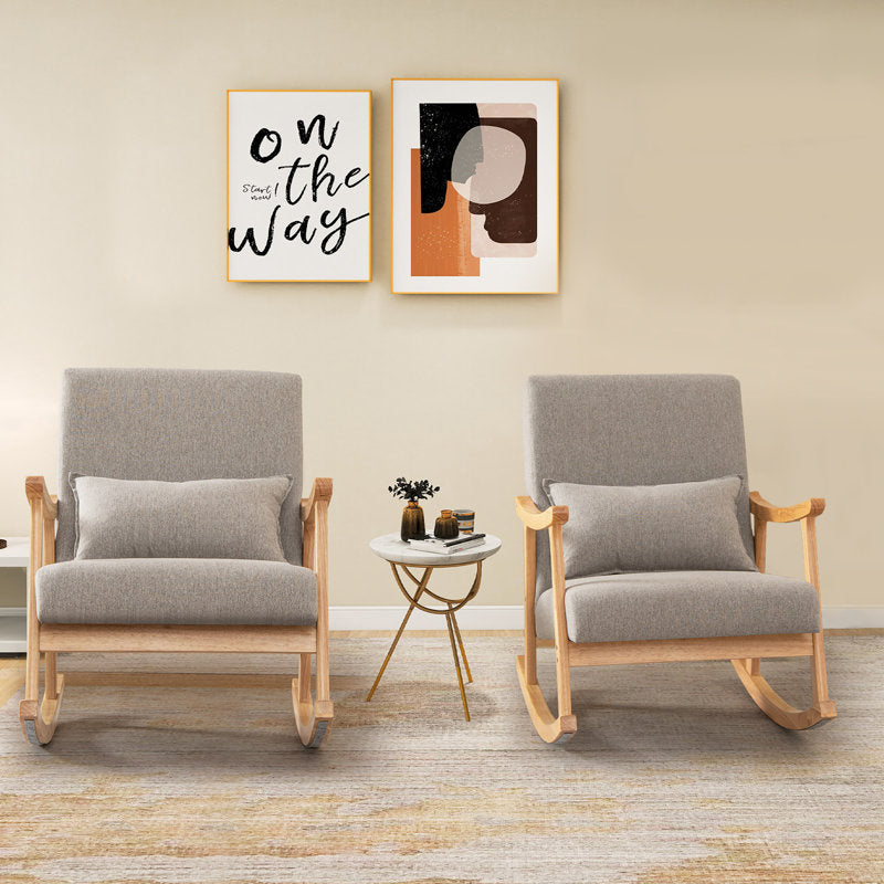 Solid Rubberwood Rocking Chair with Faux Linen Upholstery