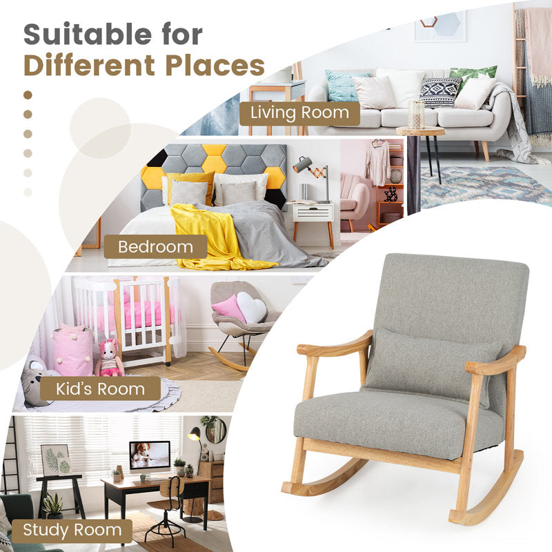 Solid Rubberwood Rocking Chair with Faux Linen Upholstery
