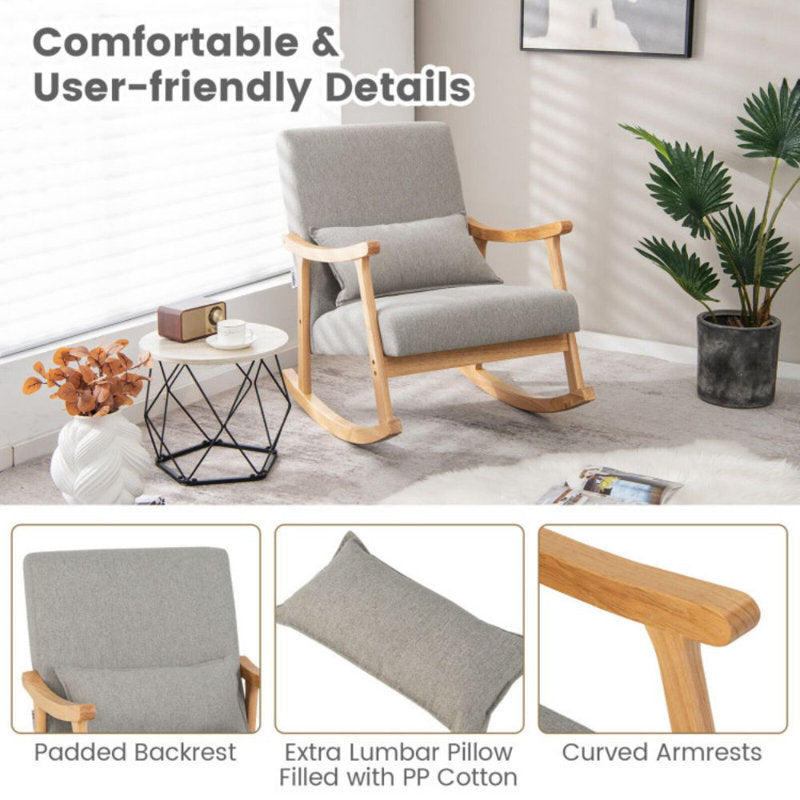 Solid Rubberwood Rocking Chair with Faux Linen Upholstery