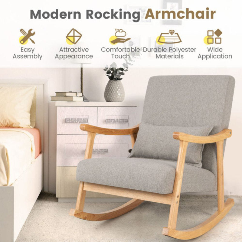 Solid Rubberwood Rocking Chair with Faux Linen Upholstery
