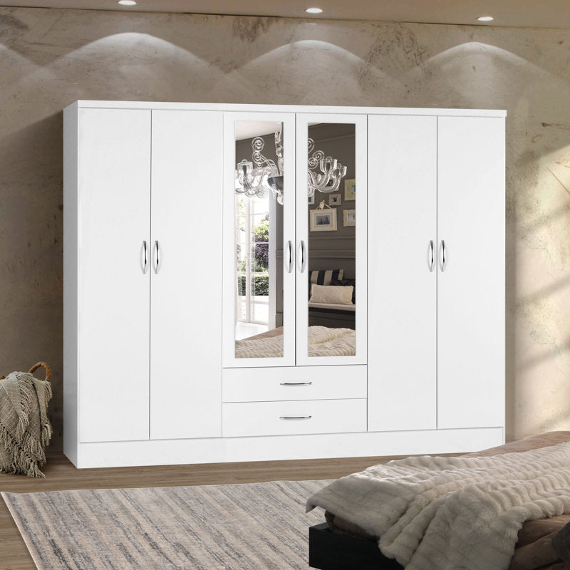 Gaytes Modern 6-Door Wardrobe with Mirrors, High Gloss Finish