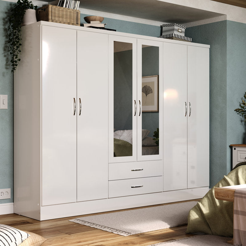 Gaytes Modern 6-Door Wardrobe with Mirrors, High Gloss Finish