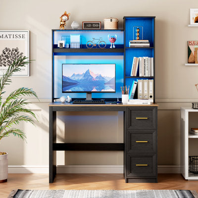 Luxury Arts 3-Drawer Computer Desk with Bookshelves and LED Lighting