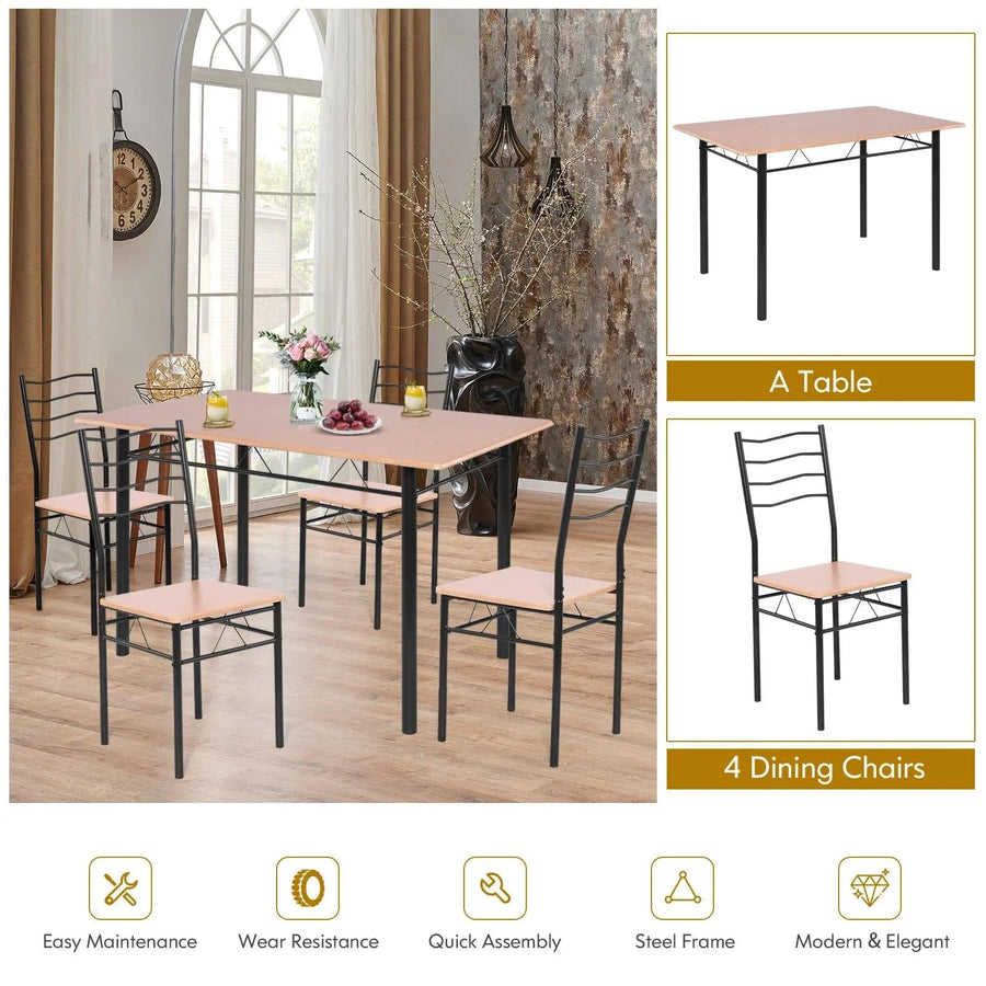 5-Pieces Dining Table Set 4 Chairs MDF Metal Frame Kitchen Furniture Brown