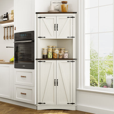 68" Corner Kitchen Pantry With 4 Doors And Adjustable Shelves