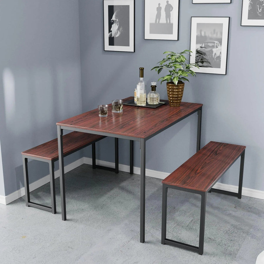 3-Piece Dining Table Set with 2 Benches Wood Table Top