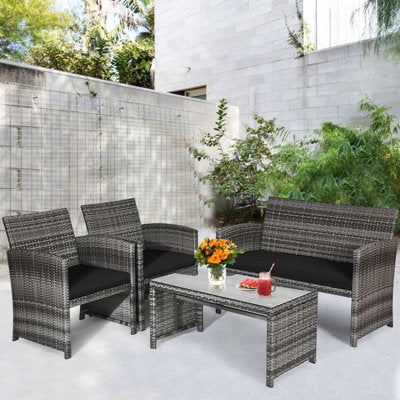 Akshath 4pcs Patio Rattan Furniture Conversation Set With Glass Table Top And Cushions
