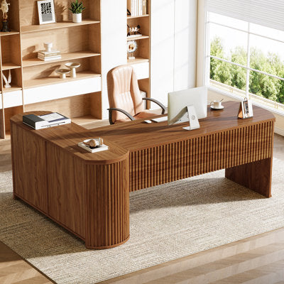 Luxury Arts Fluted L-Shaped Executive Desk with Filing Cabinet
