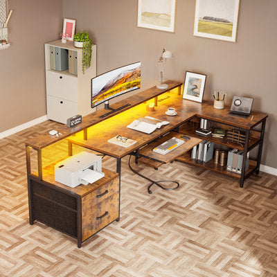 Luxury Arts Sholpan LED L-Shaped Desk with Cabinet with Power Outlets