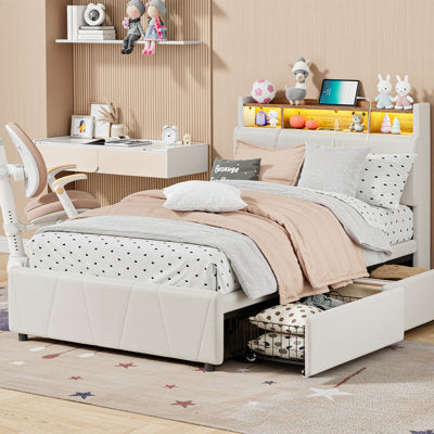 Twin Upholstered Platform Bed with Drawers, LED Lights & Charging Station - Luxury Arts