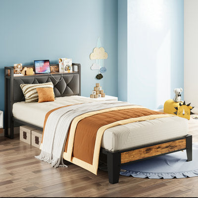 Twin XL Platform Bed Frame with Storage Headboard Shelf & Outlet - Luxury Arts