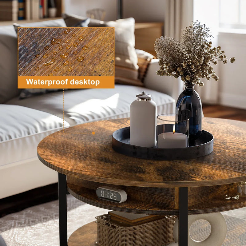 Round Lift-Top Coffee Table with Hidden Storage & Lower Shelf