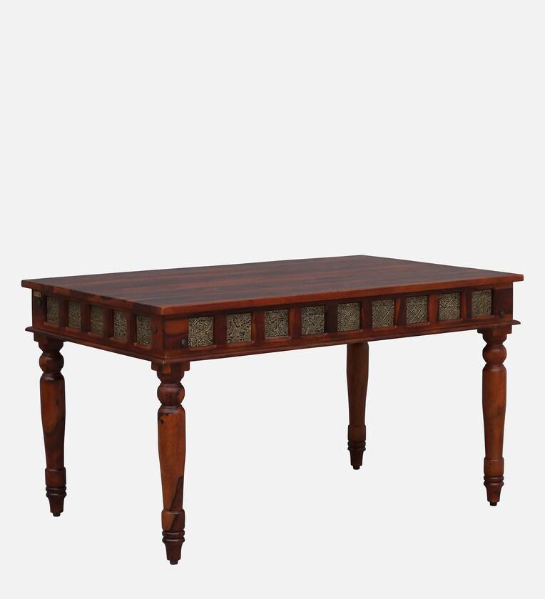 Sheesham Wood 6 Seater Dining Set In Scratch Resistant Honey Oak Finish With Brass Cladding