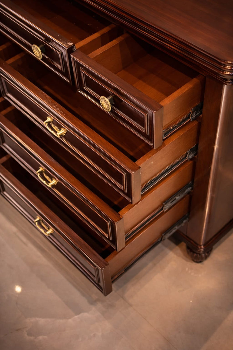 Classic Dark Wood Chest of Drawers with Brass Handles | Elegant Storage Cabinet