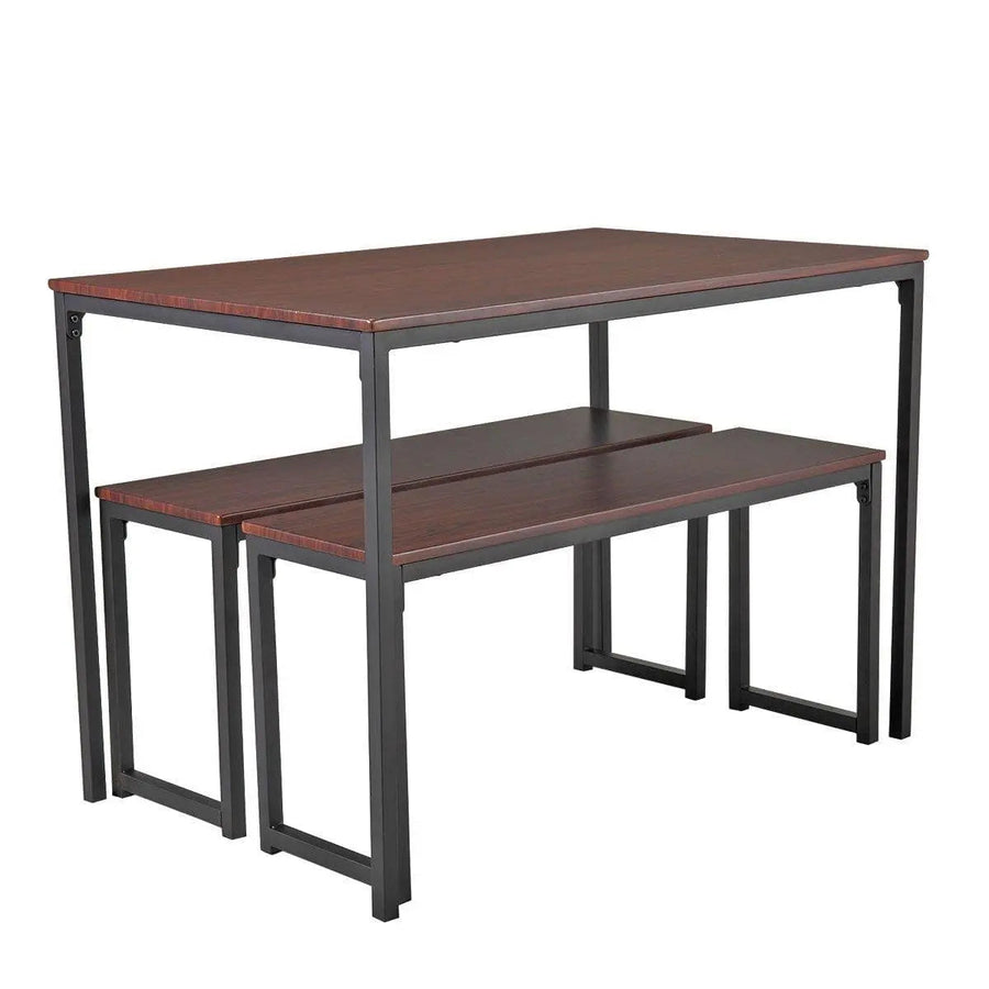 3-Piece Dining Table Set with 2 Benches Wood Table Top