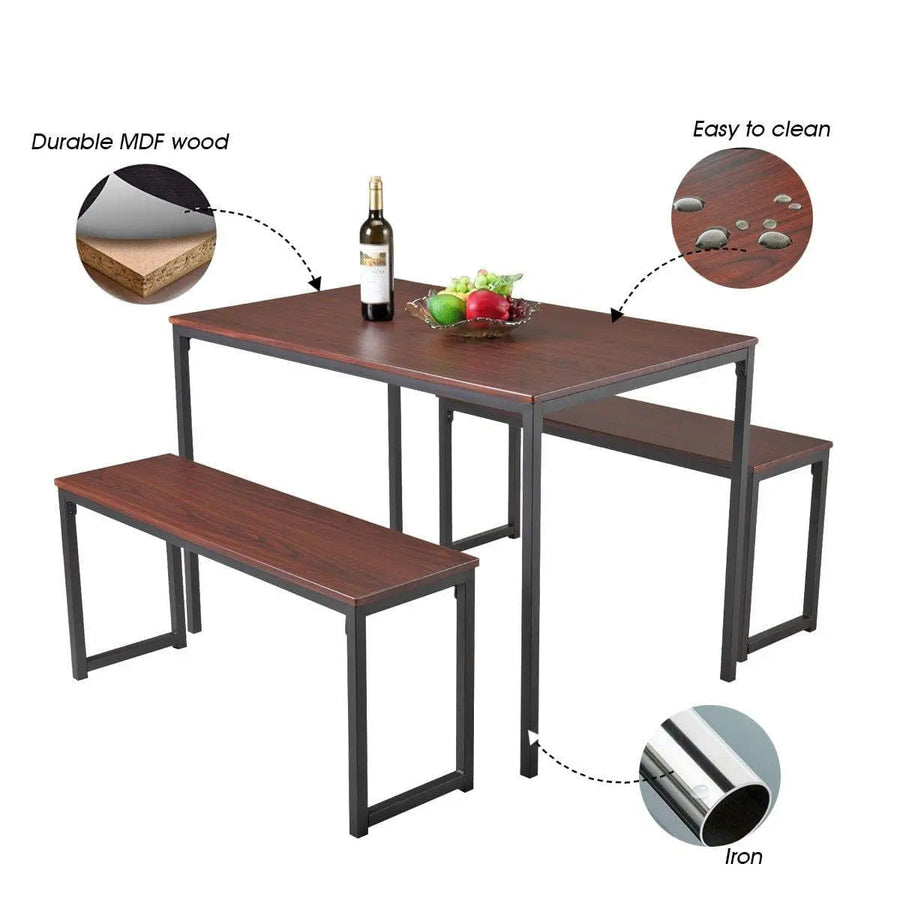 3-Piece Dining Table Set with 2 Benches Wood Table Top