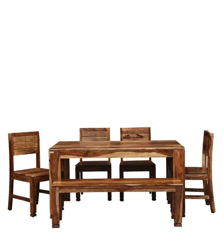 Solid Wood 6 Seater Dining Set in Beige Finish with Bench