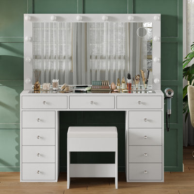 11-Drawer Vanity Set with LED Mirror & Stool - Luxury Arts
