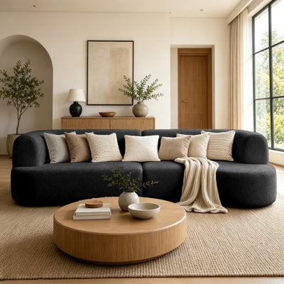 Luxury Arts 110" Modern Boneless Curved Sectional Sofa, Modular Boucle Couch with 4 Throw Pillows for Living Room in Right Chaise, Black