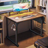 Home Office Computer Desk With LED Lights For Small Spaces, Study Writing Desk With Storage Bag And Headphone Hook