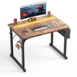 Home Office Computer Desk With LED Lights For Small Spaces, Study Writing Desk With Storage Bag And Headphone Hook