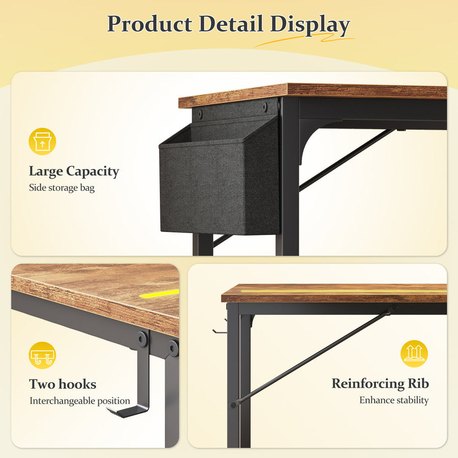 Home Office Computer Desk With LED Lights For Small Spaces, Study Writing Desk With Storage Bag And Headphone Hook