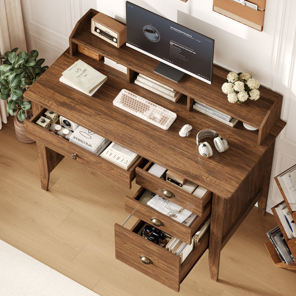 Hambrook 47.2" W Writing Desk with Hutch, All-in-One Computer Desk with File Drawers
